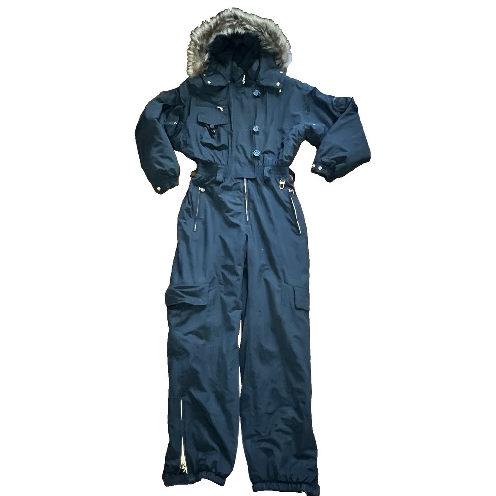 Bogner Black w/ Gold Ski Snow Jumpsuit Raccoon Fur Hood Black Size 12‎ EUC